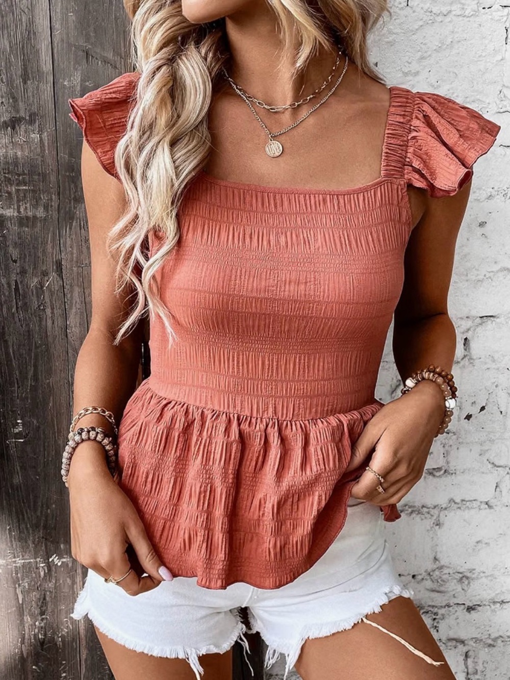 Tie Back Ruffle Trim Smocked Square Neck Peplum Tank Top - Terracotta
